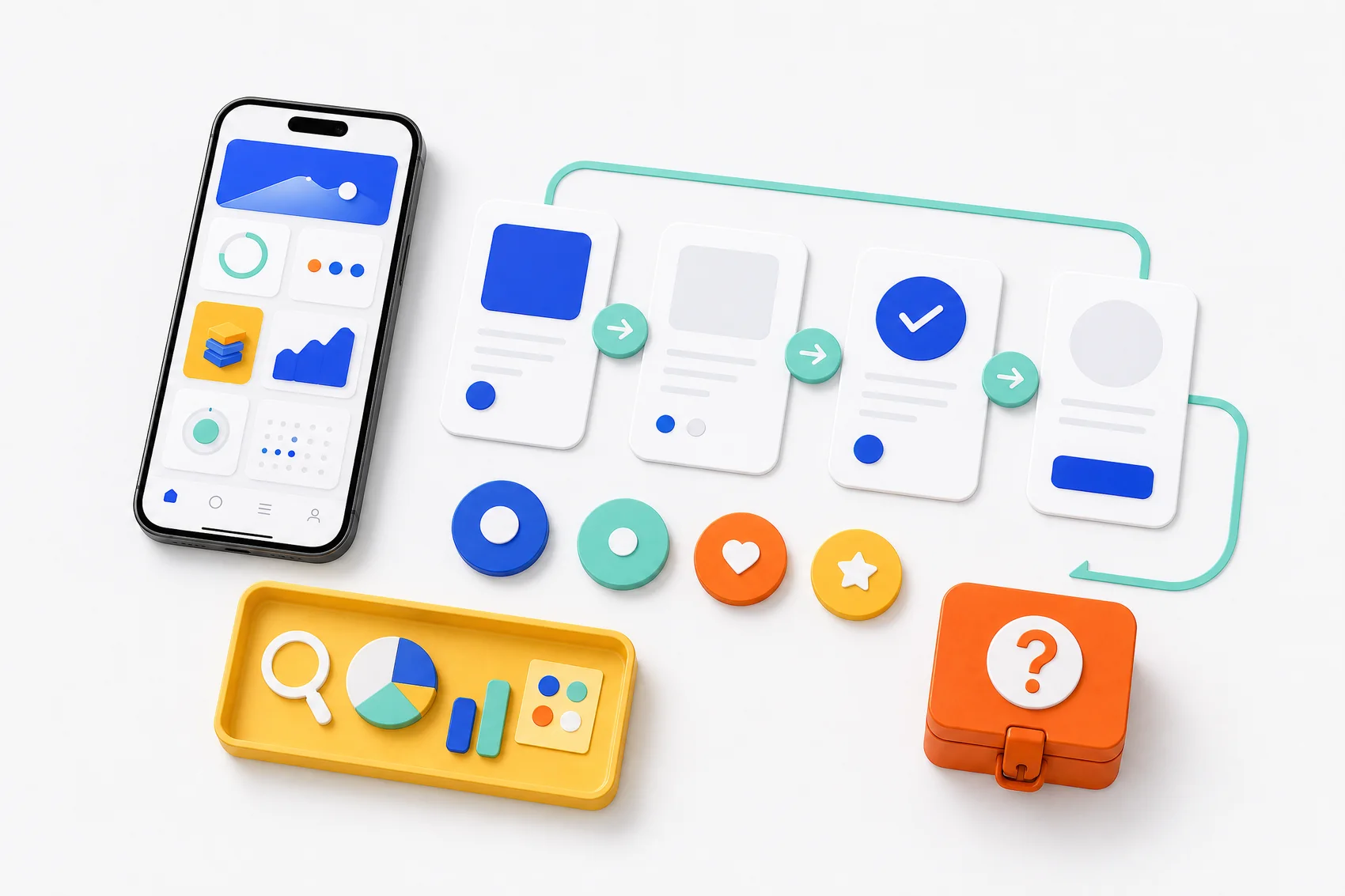 Mobile discovery flow assembled from journey tiles and product tokens