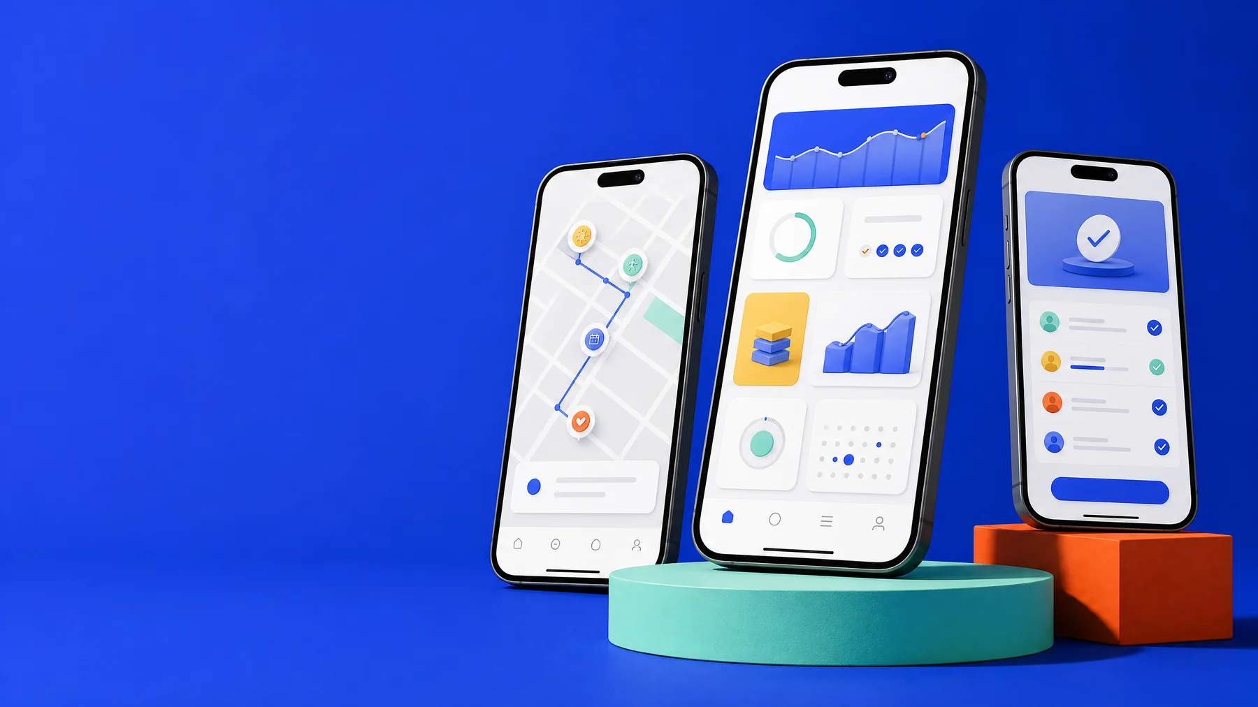 Three mobile product interfaces arranged on a cobalt development stage